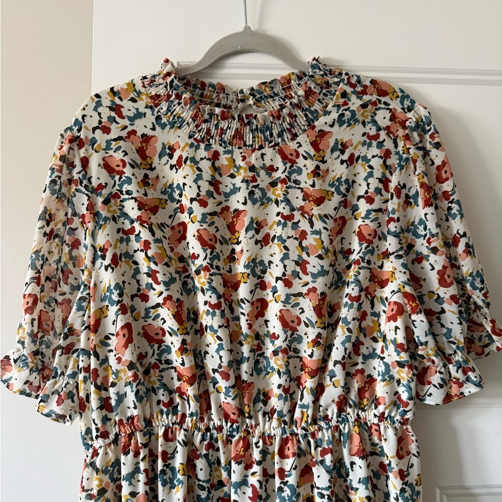 Ivory Floral Mock Neck Midi Dress